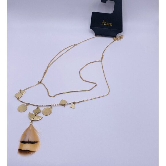Aura Long Gold Tone Bead Feather Double Chain Necklace 20” New - Picture 1 of 4